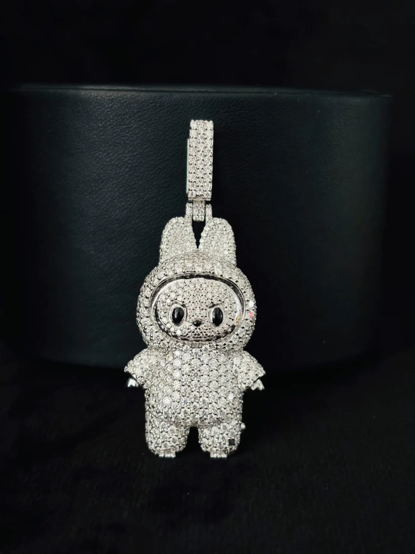 front view Labubu iced out pendant necklace in silver with pavé diamond stones