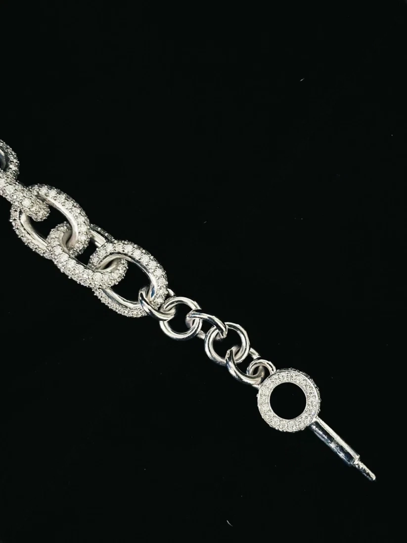 A Close-up of silver chain bracelet with pave set diamond and taggle clasp lock