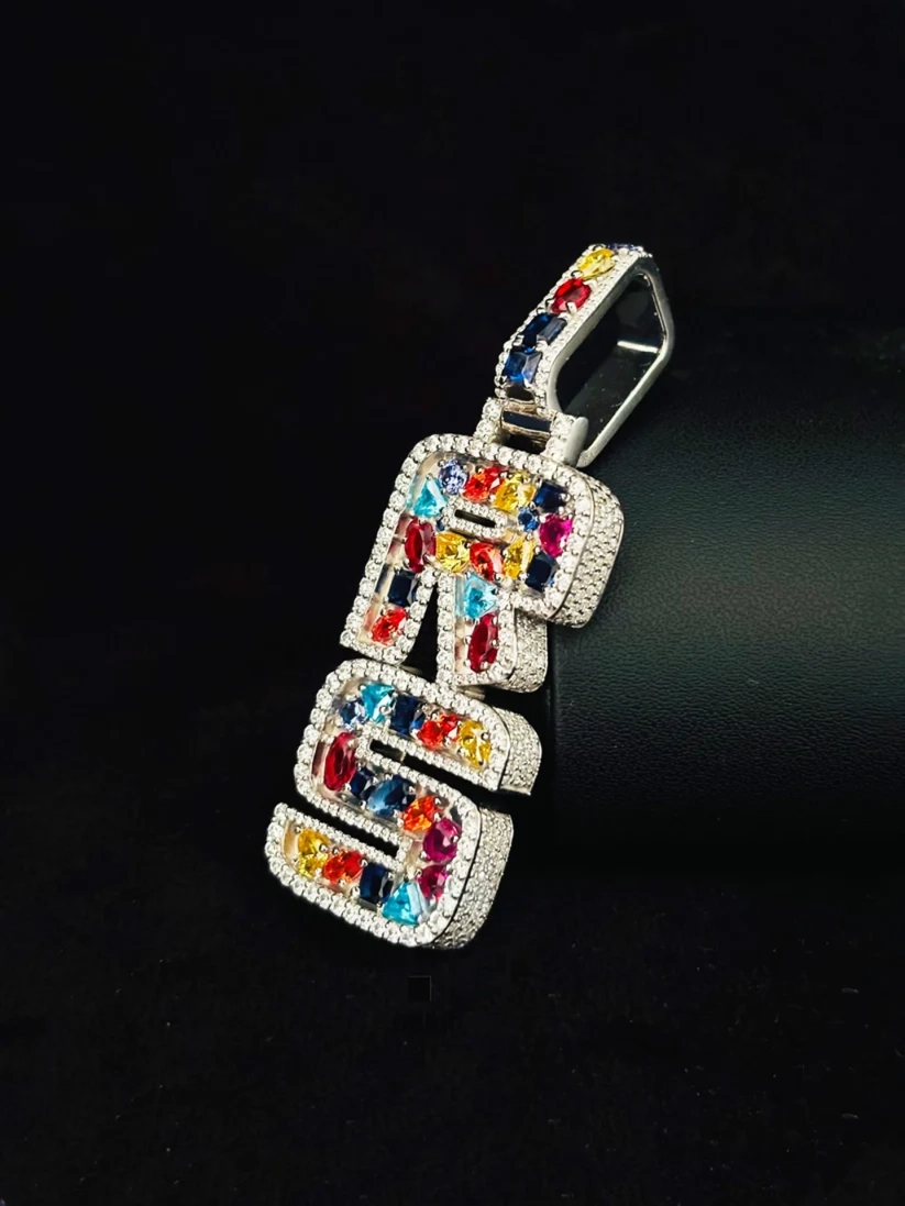 Multi-shape colored fancy stone custom letter pendant iced out in 925 sterling silver hip hop initial jewelry.