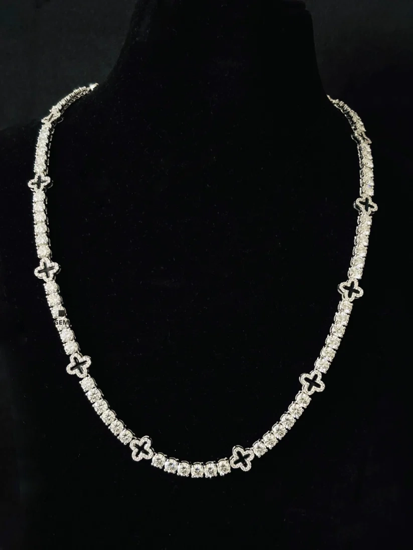 10MM Silver Round Four Leaf Clover Tennis Moissanite Chain For Men