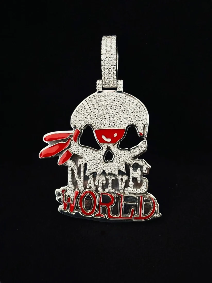 front view Iced out skull pendant with red bandana and Native World logo