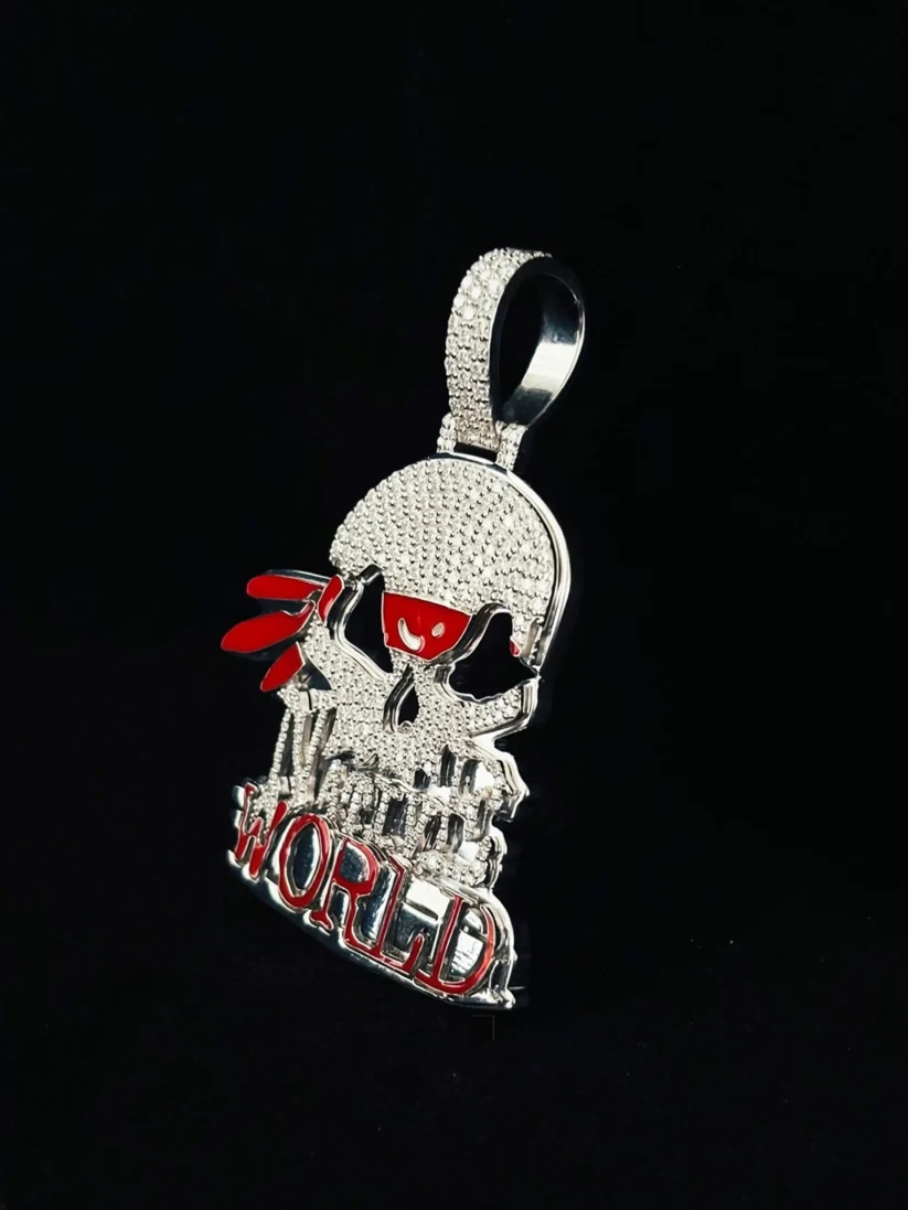 side view Diamond iced out Glo Gang world pendant chain in silver and red enamel