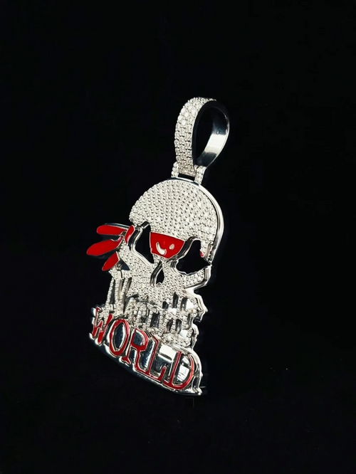 side view Diamond iced out Glo Gang world pendant chain in silver and red enamel