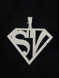 front view Iced out diamond SV pendant in a Superman shield frame