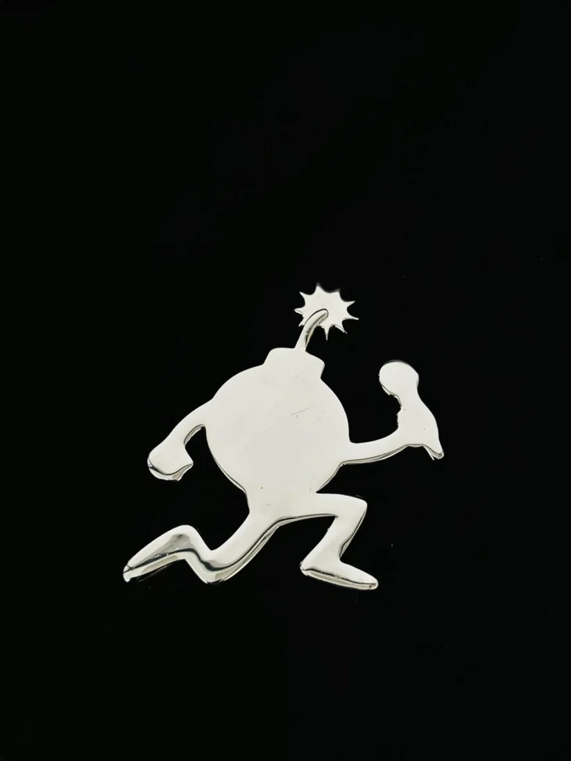 Front View Sterling silver running cartoon bomb pendant with cleaver knife detail