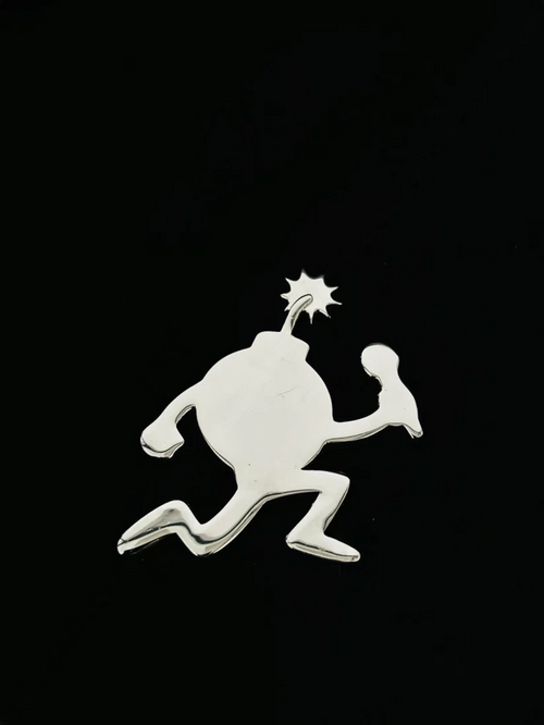 Front View Sterling silver running cartoon bomb pendant with cleaver knife detail