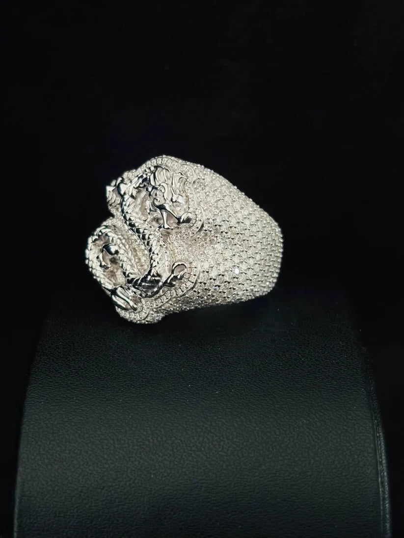 Close-up shot of a thick pave diamond streetwear style statement band on a black background