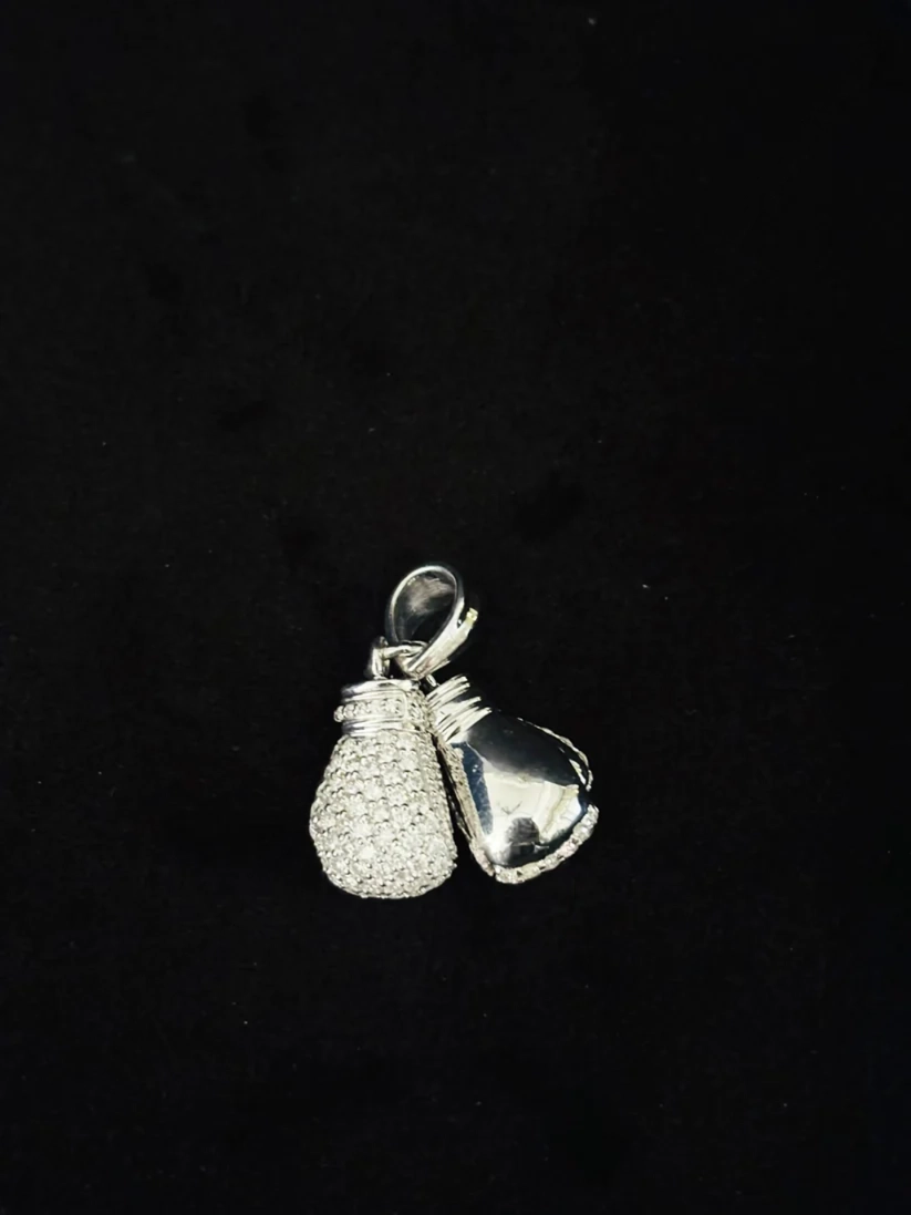 Silver boxing glove pendant necklace charm with iced out crystals