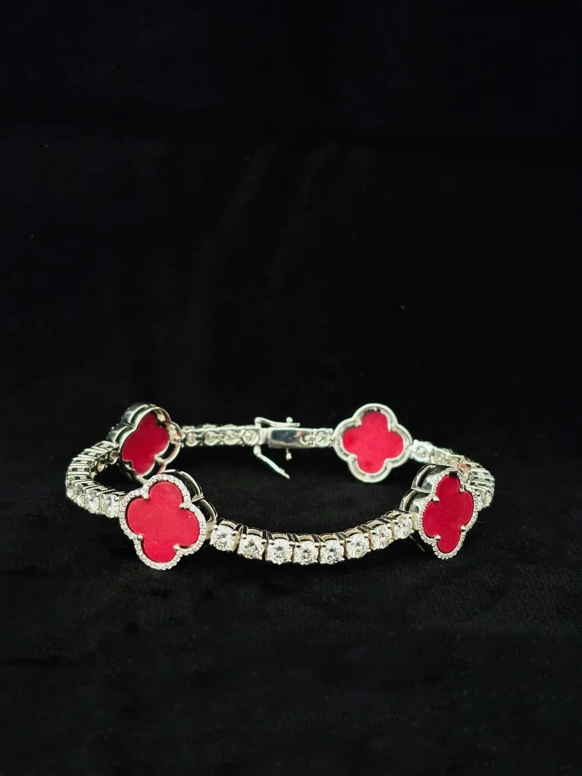 Red agate clover bracelet with Moissanite diamonds in sterling silver