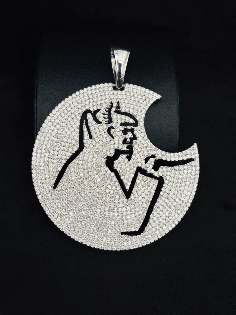front view Fully iced out moissanite devil crescent moon pendant in 925 sterling silver.