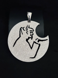 front view Fully iced out moissanite devil crescent moon pendant in 925 sterling silver.