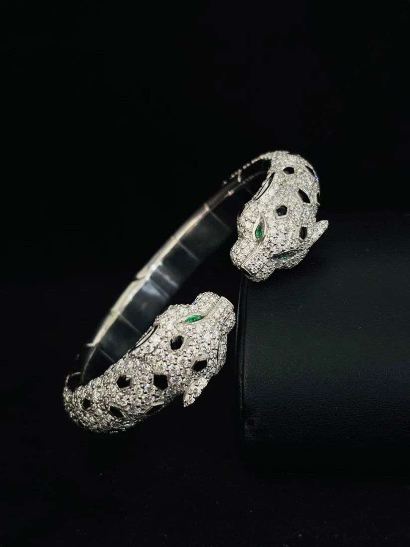 925 Silver Moissanite Iced Double Head Panther Bracelet For Men