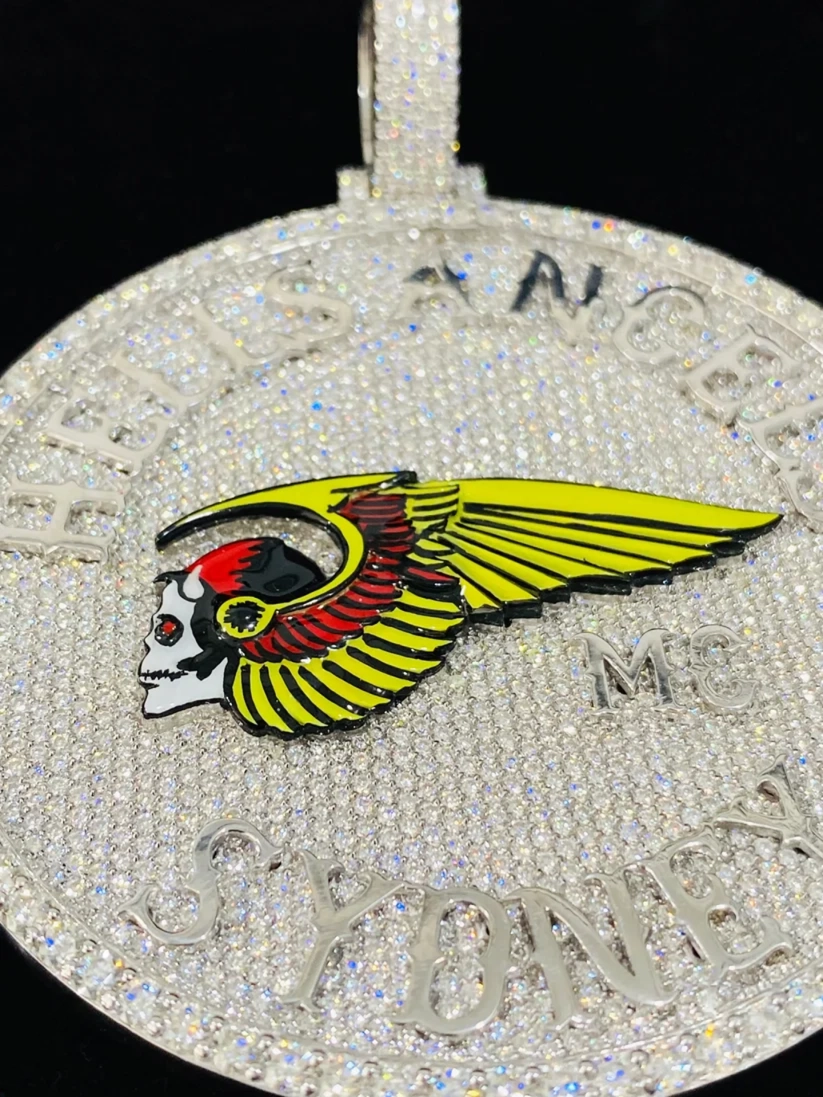 Custom iced-out diamond Hells Angels MC Sydney pendant with winged skull logo.