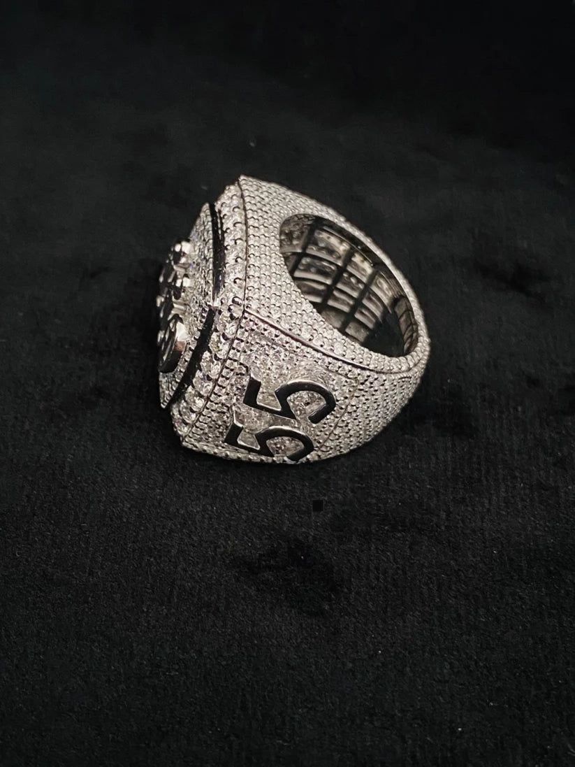 Iced out custom hip hop ring in silver with pave diamonds and number 55 side detail