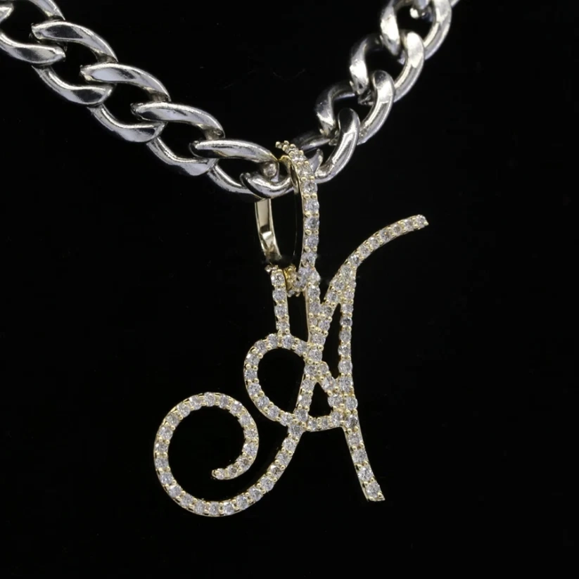 front view Diamond cursive initial A pendant on silver chain