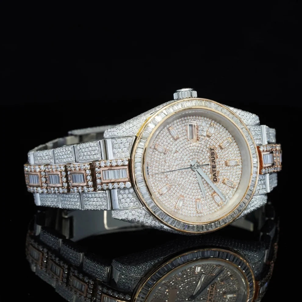 Men's Round Cut & Baguette Bar Moissanite VVS Bust Down Watch