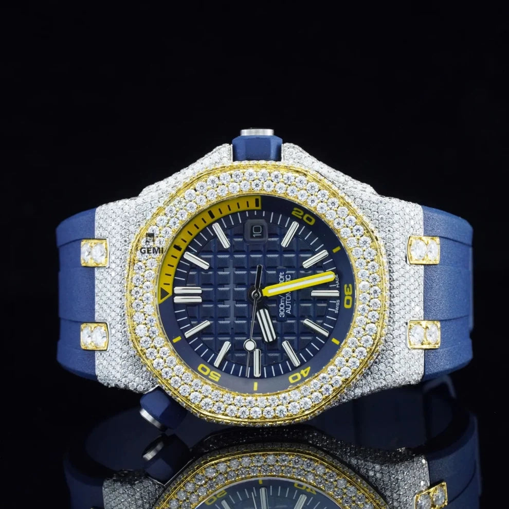 Blue Dial VVS Moissanite Bezel Diamond Stainless Steel Watch
