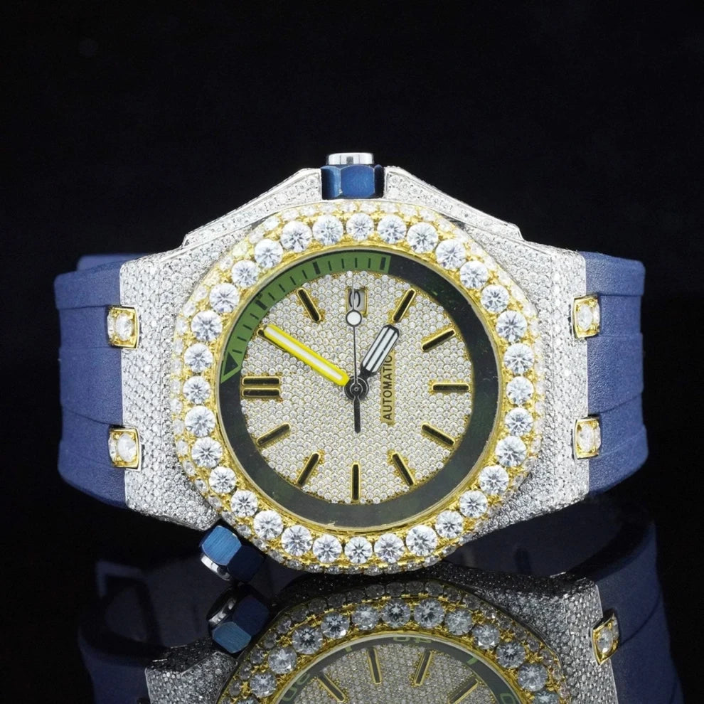 Blue Silicon Strap Automatic Moissanite Iced Bling Diamond Watch