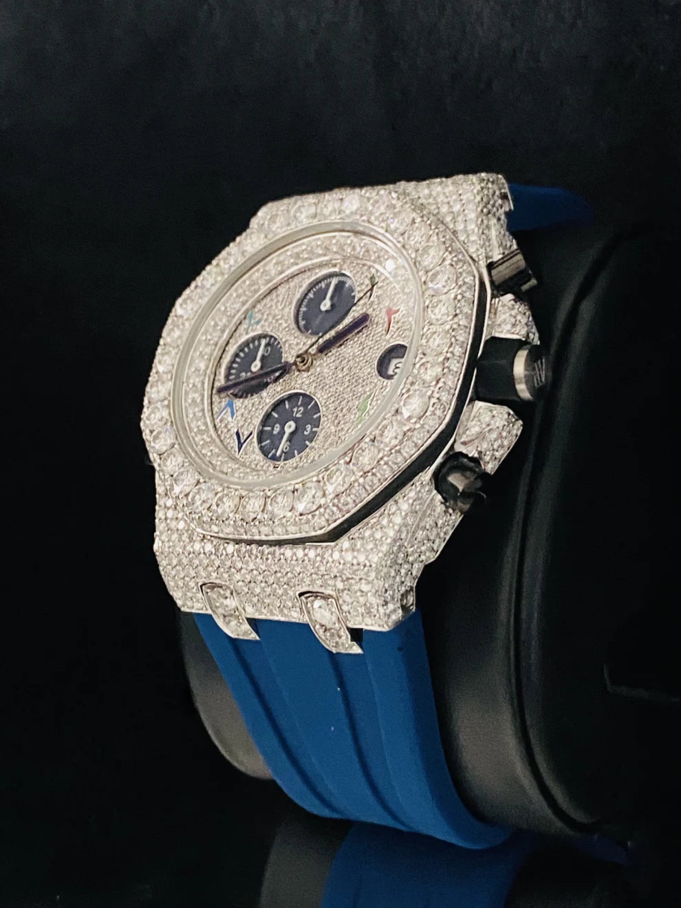 Colorful Arabic Number Blue Rubber Strap Moissanite Watch