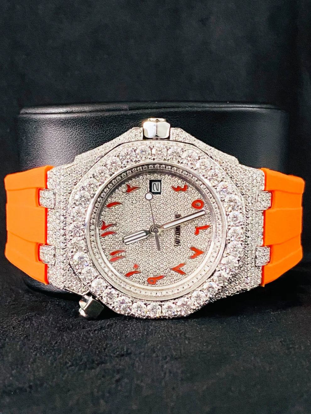 Orange Silicone Belt Bling Fully Iced Out Diamond Watch