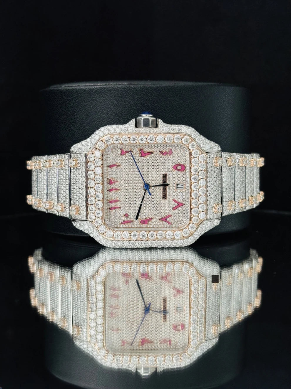 Rose Gold Plated Fully Studded Moissanite Watch For Men