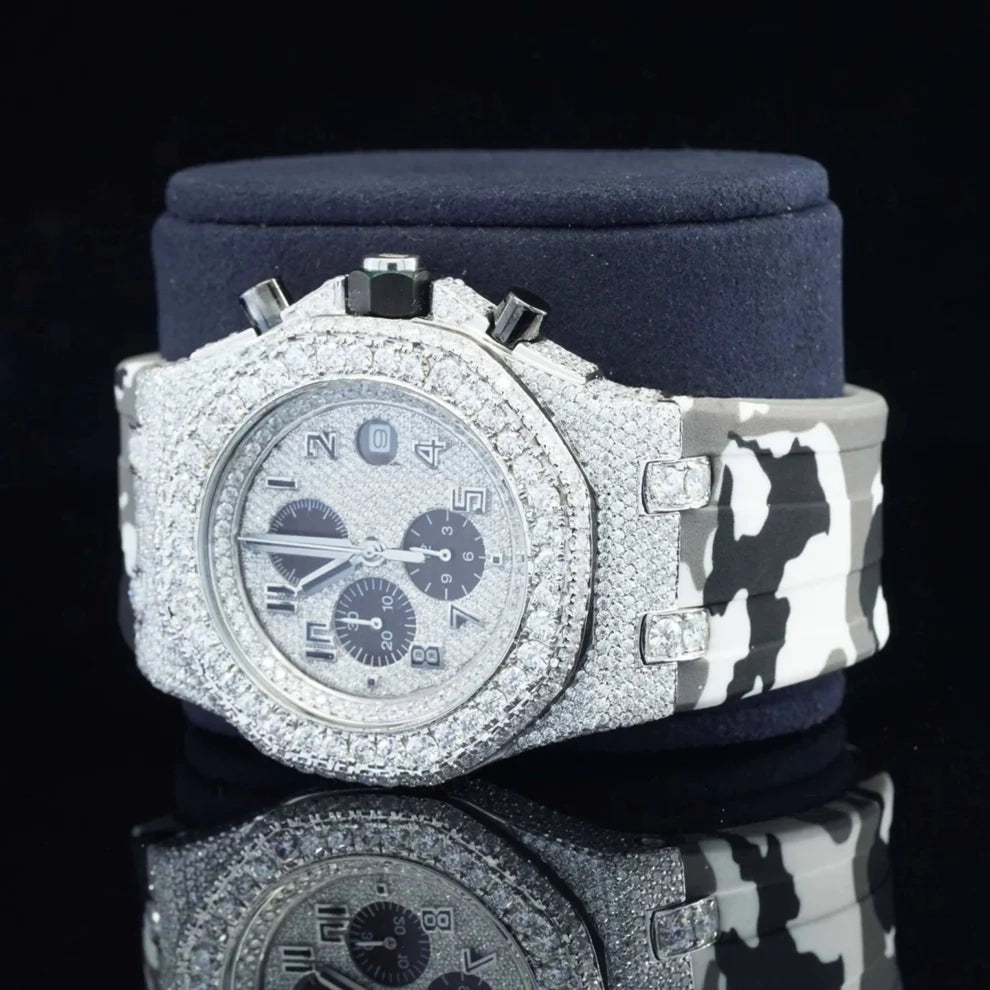 Military Silicon Strap Iced Hip Hop Moissanite Diamond Bling Watch