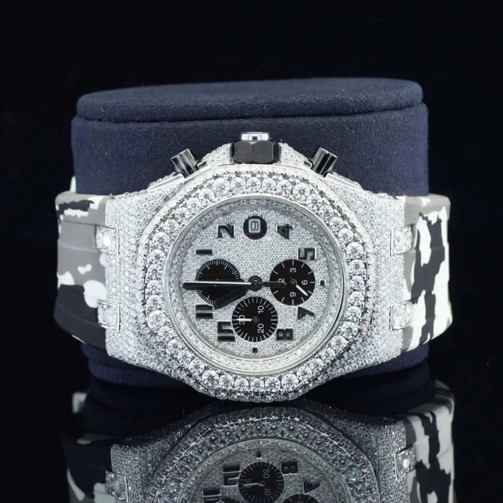 Military Silicon Strap Iced Hip Hop Moissanite Diamond Bling Watch