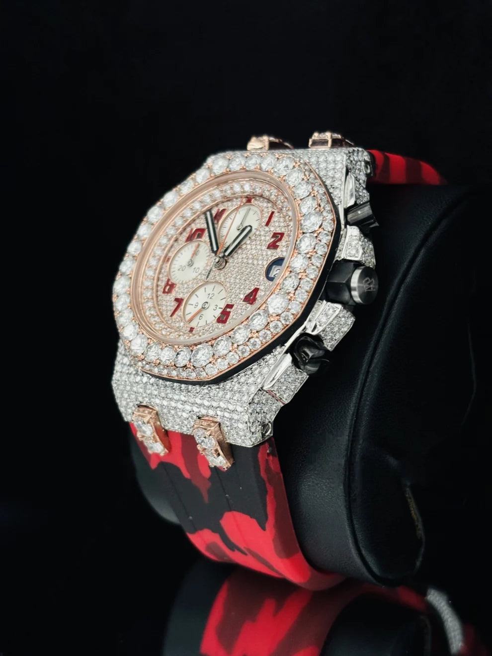 Red Army Silicon Band Multi Chronograph Moissanite Stone Watch