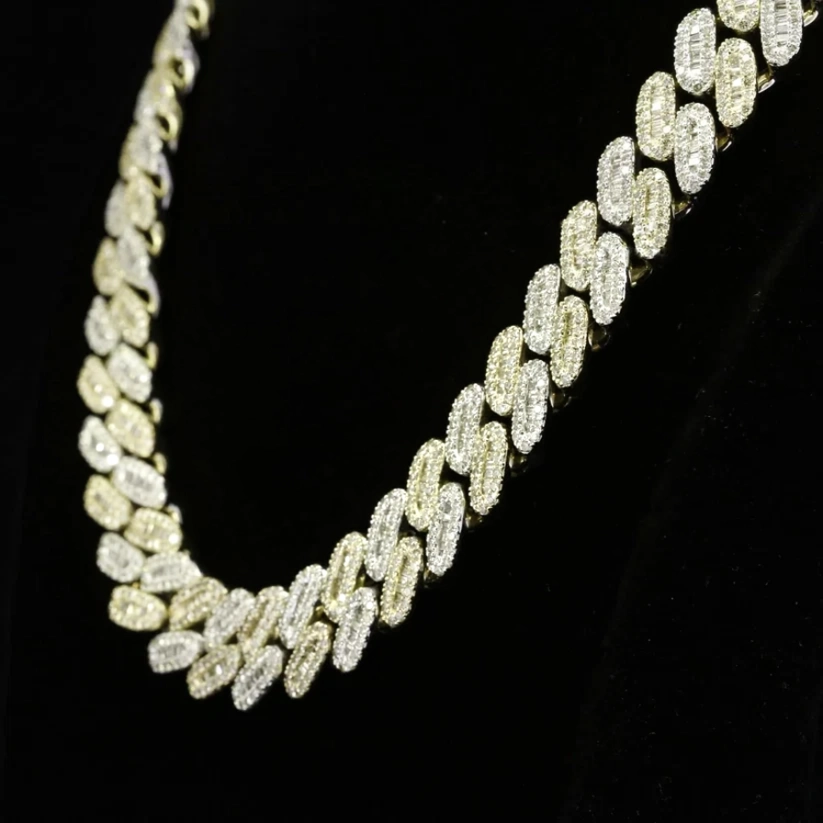 Men's iced out Cuban link chain with baguette and round cut diamonds