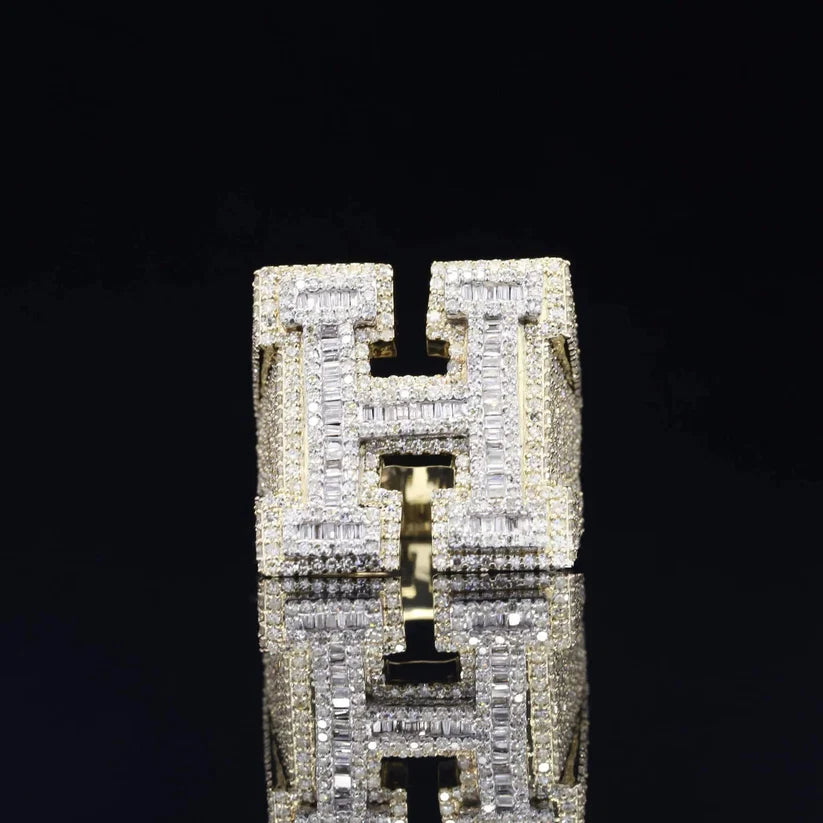 close up of a Iced out initial H ring
