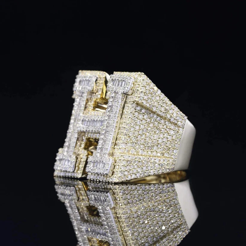 side view of the Iced out custom letter H diamond signet ring in yellow gold plated