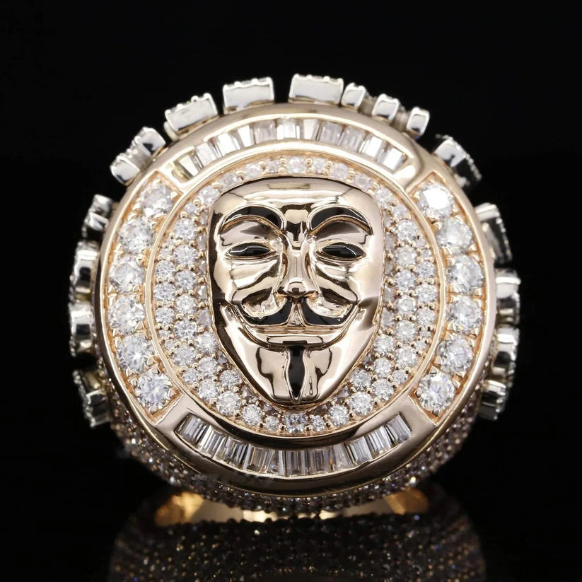 close up of a Hip hop style iced out ring with V for Vendetta mask design