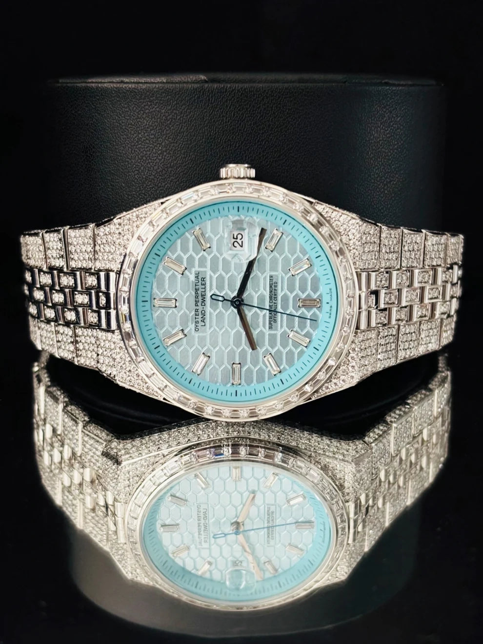 Sky Blue Dial Fully Ice Baguette Bar Moissanite Watch