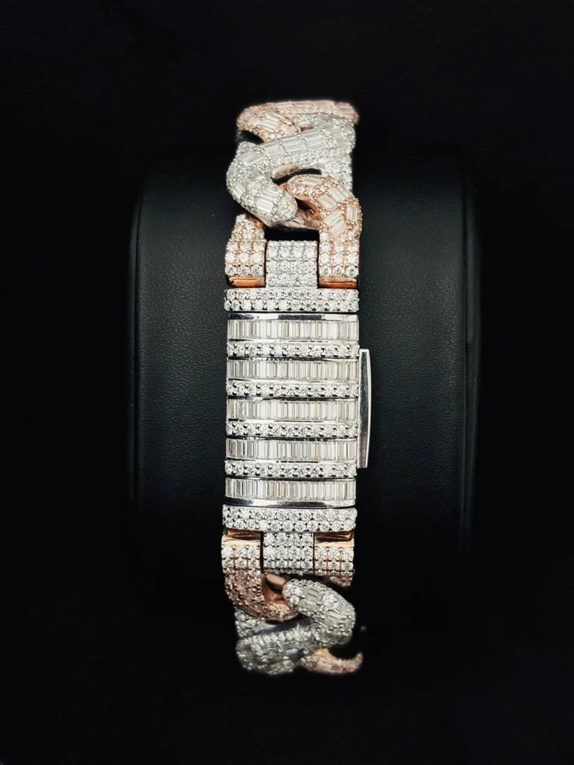 Men's iced out Moissanite Cuban link chain bracelet with large baguette paved lock clasp