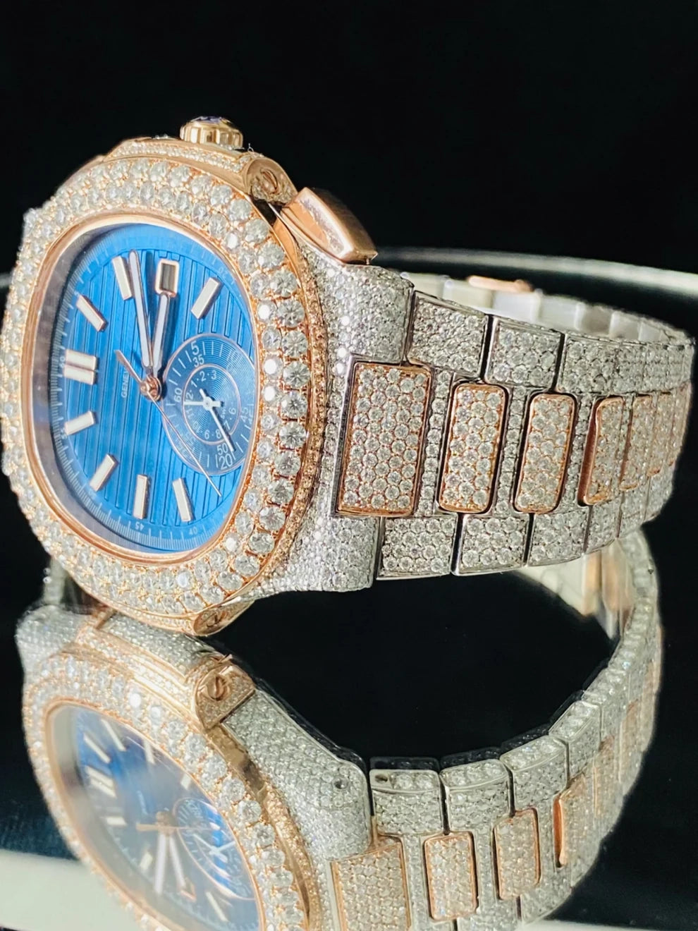 Two Tone Blue Dial Rose Gold Plated Moissanite Watch