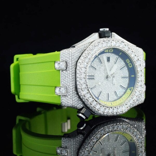 Parrot Green Silicon Straps Moissanite Bust Down Diamond Watch