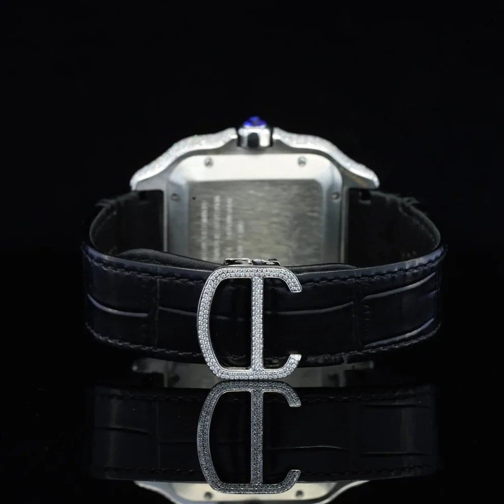 Black Leather Belt Bezel White Dial VVS Iced Out Watch