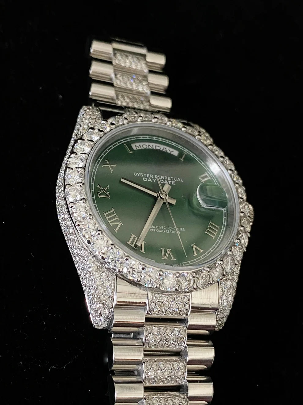 Elegant Olive Green Dial Presidential Strap Moissanite Watch