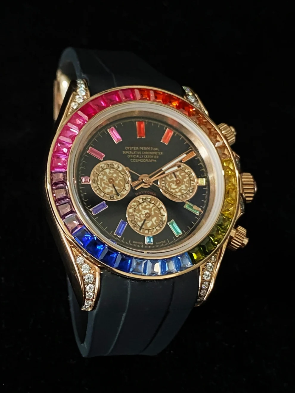 Black Strap With Colorful Baguette Bezel Dial Moissanite Watch
