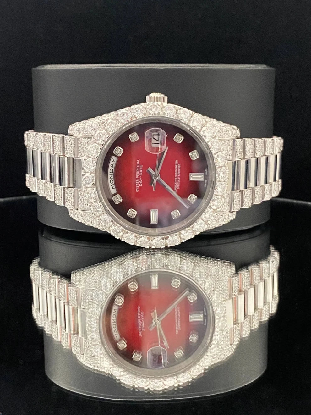 Elegant Red Black Dial Iced Out Moissanite Watch For Men