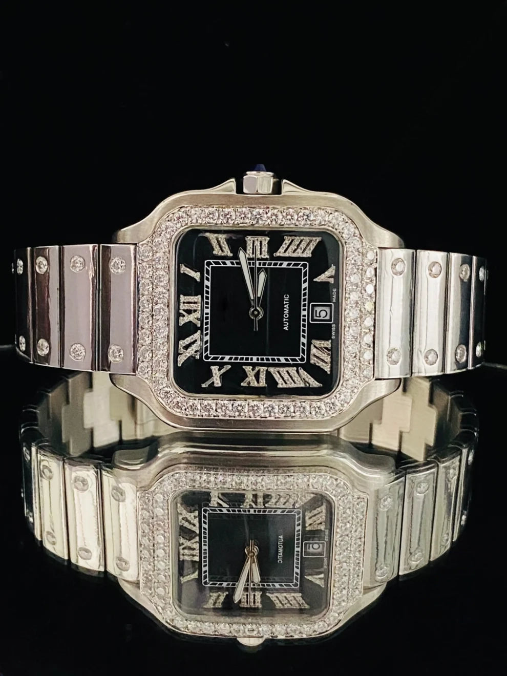 Luxury Men's Stainless Steel Iced Out Black Bezel Diamond Iced Watch