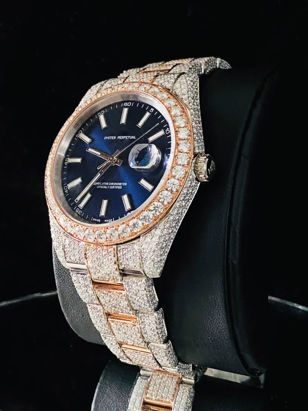 Dual Tone Big Bazel Blue Dial Rapper Moissanite Watch