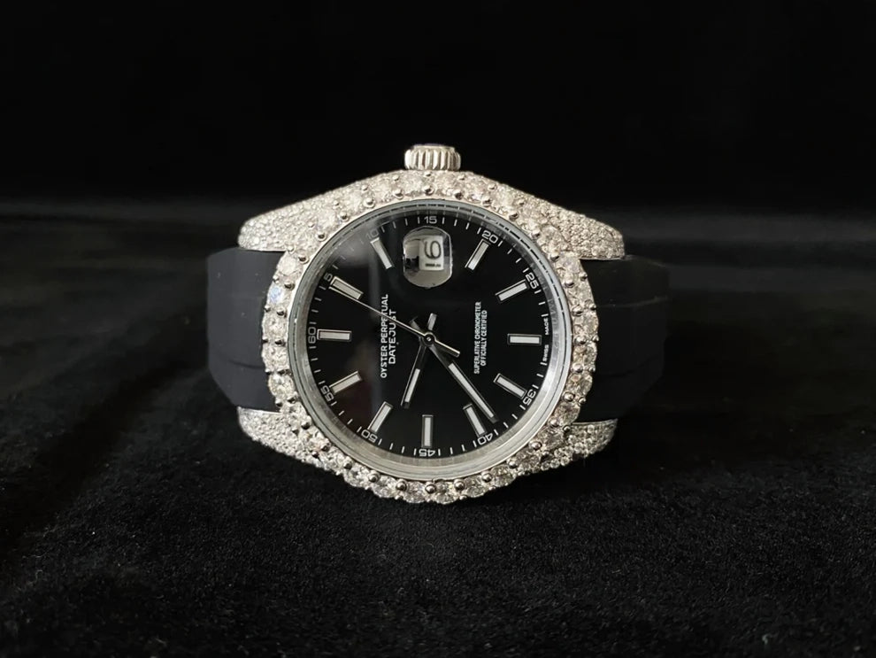 Big Bezel Black Dial Moissanite Watch With Black Silicon Strap