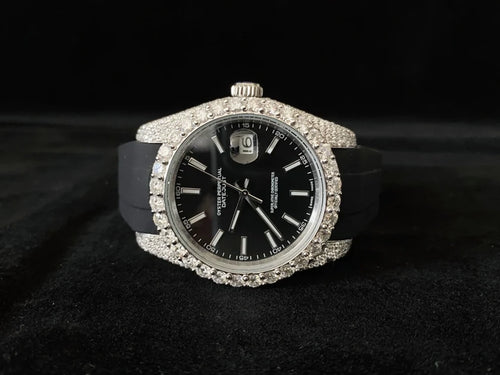 Men's custom diamond Rolex watch with black face and sporty rubber strap