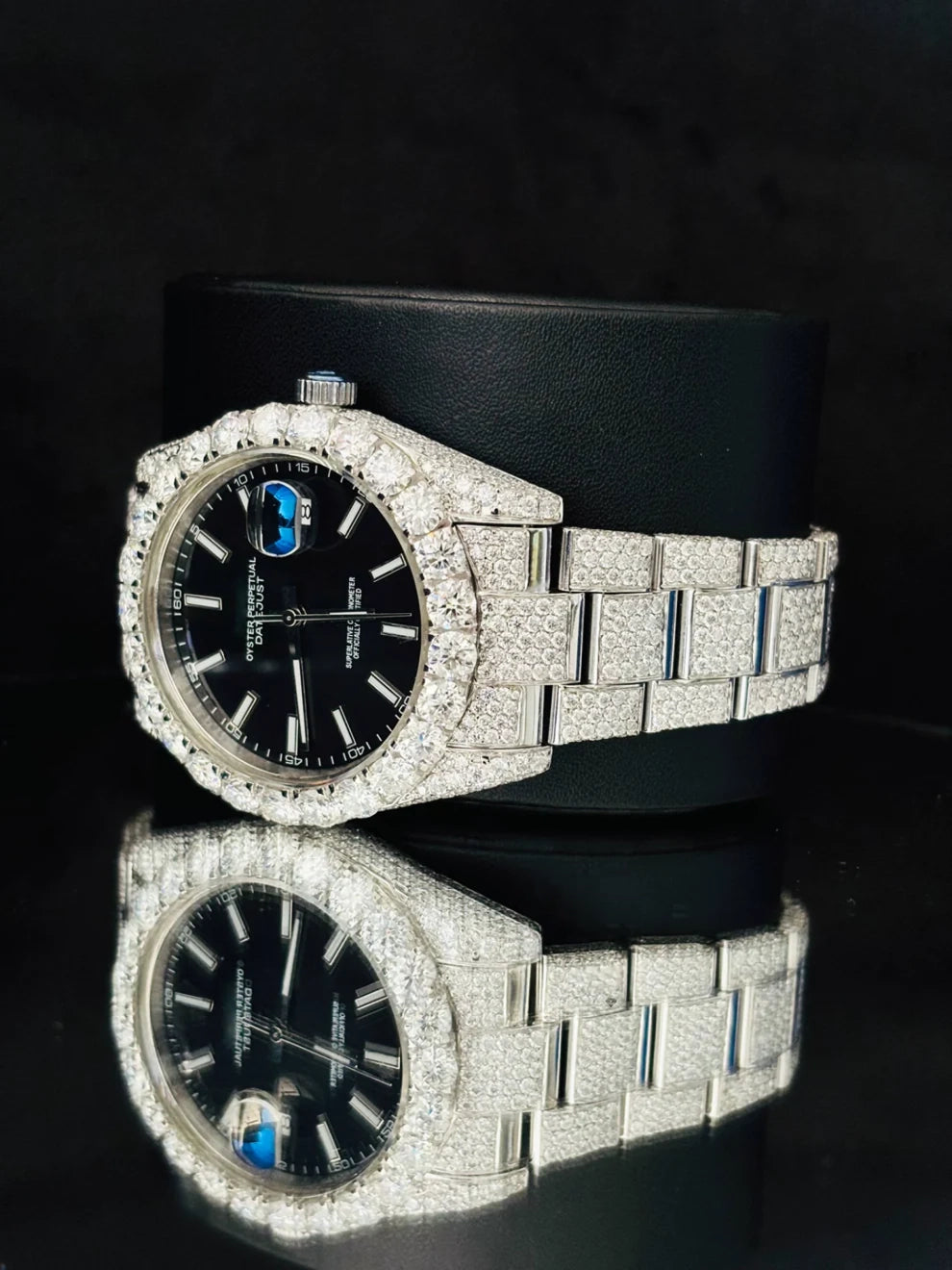 41MM Big Bezel White Bar Black Dial Moissanite Watch
