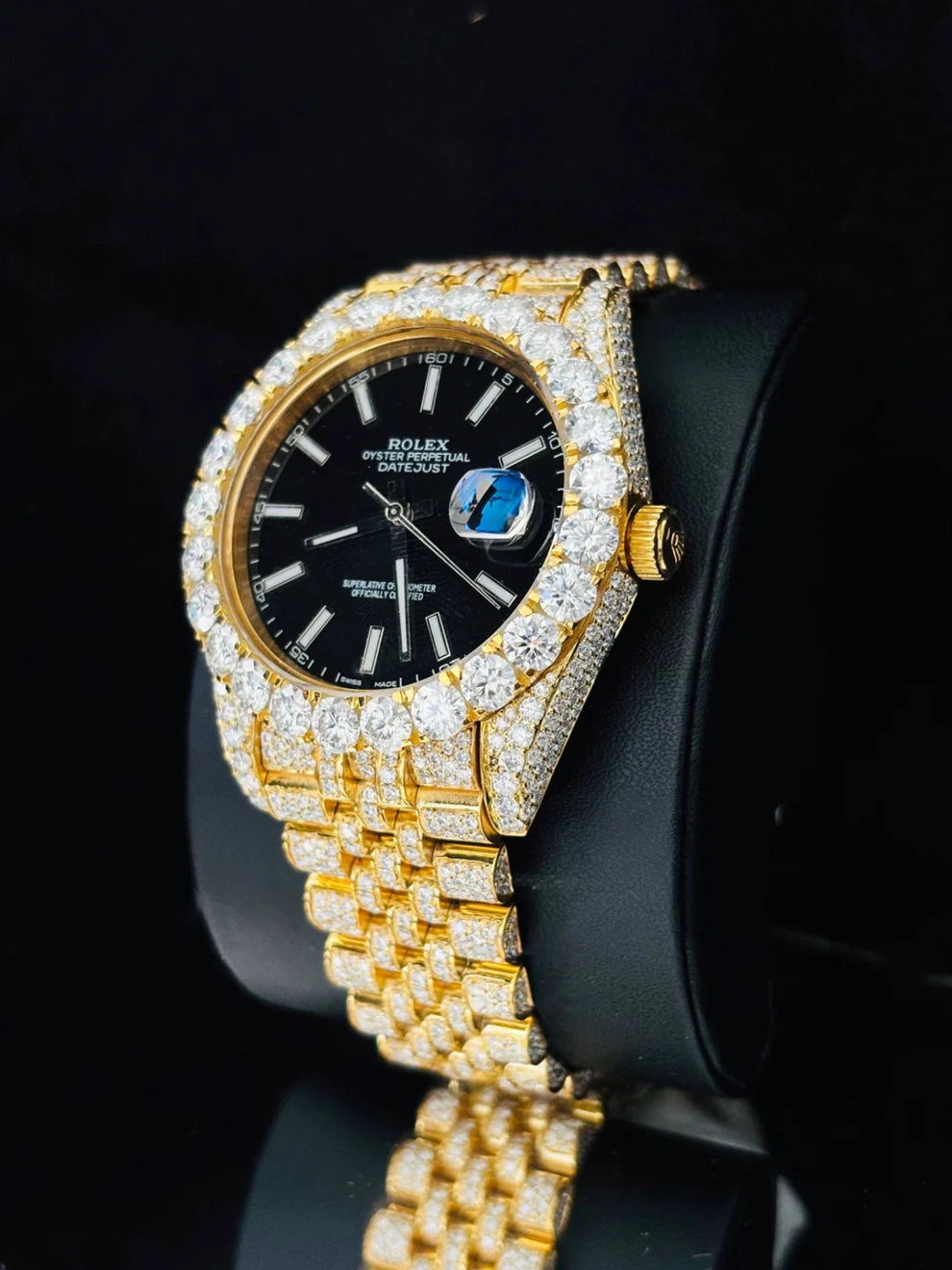 41MM Black Dial White Bar Iced Out Moissanite Watch