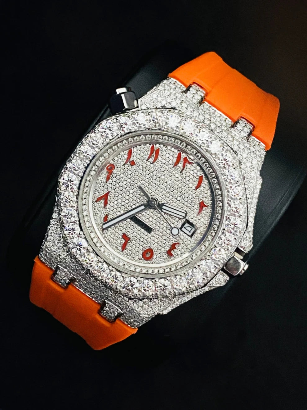 Orange Silicone Belt Bling Fully Iced Out Diamond Watch