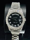 Custom diamond-encrusted Rolex Day-Date President watch with a black Arabic dial