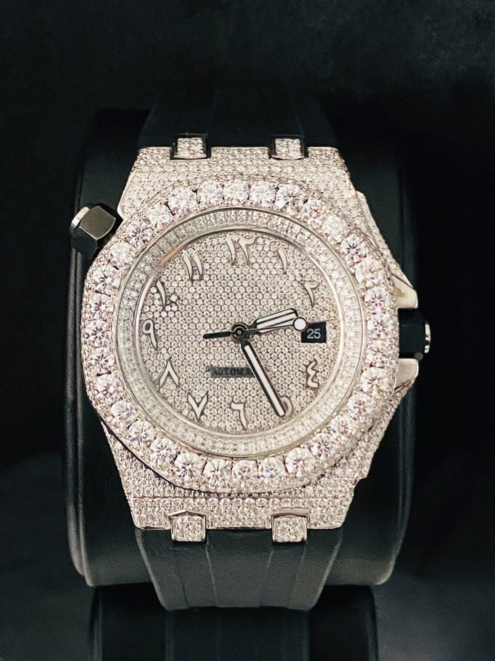 41MM Big Bezel Moissanite Watch With Black Silicon Strap