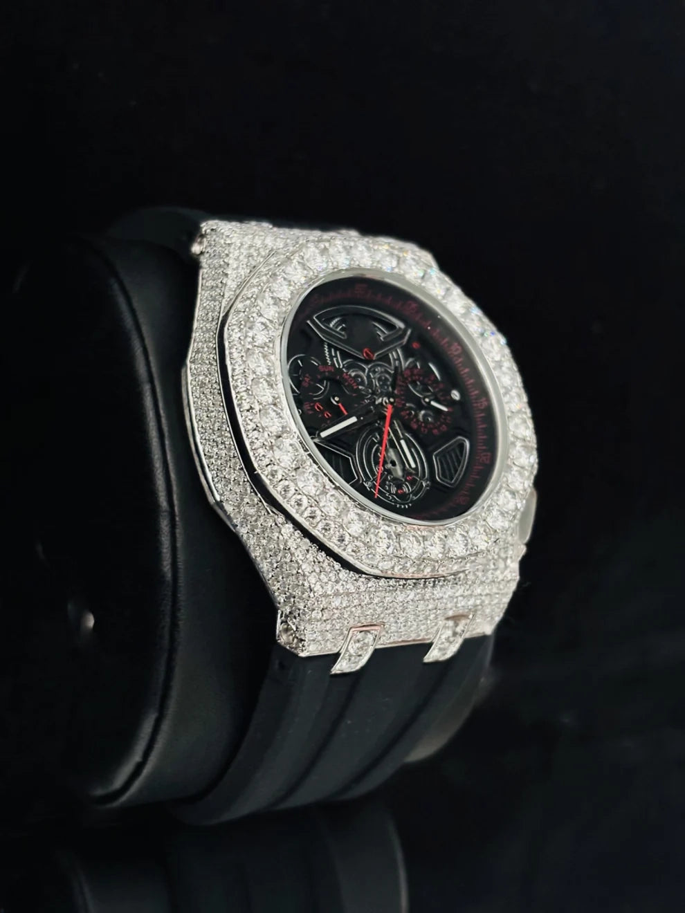 Black Rubber Strap Big Bezel Moissanite Hip Hop Watch